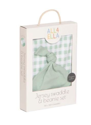 Organic Jersey Swaddle & Matching Beanie Set - Gingham Sage | All 4 Ella | Bedding, Blankets & Swaddles | Thirty 16 Williamstown
