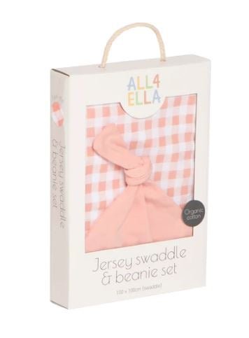 Organic Jersey Swaddle & Matching Beanie Set - Gingham Strawberry | All 4 Ella | Bedding, Blankets & Swaddles | Thirty 16 Williamstown