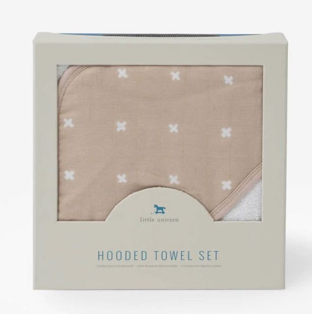 Hooded Towel & Wash Cloth Taupe Cross | Little Unicorn | Bath Time | Thirty 16 Williamstown