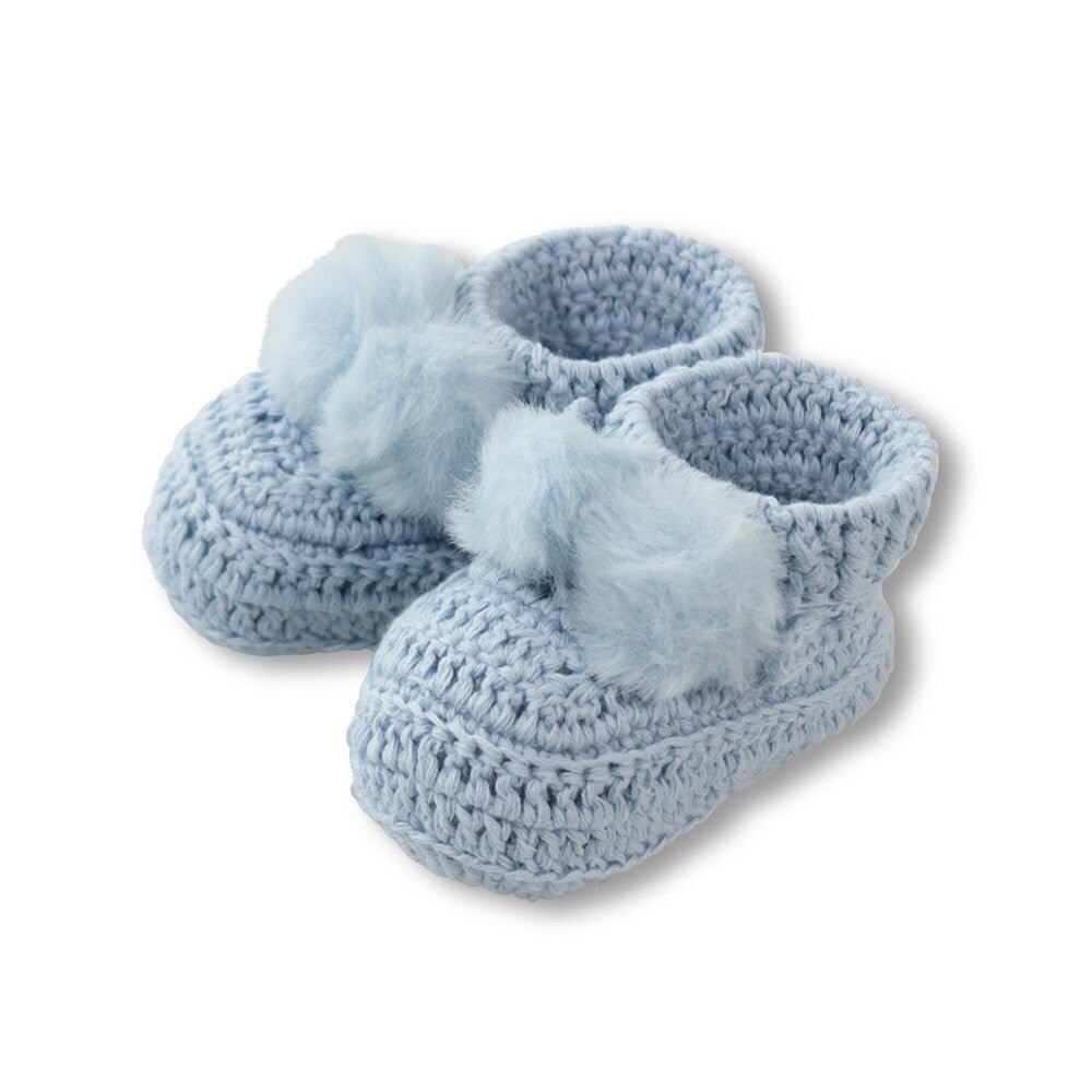 Topsy Faux Fur Pom Pom Booties - Blue | DLUX | Pre Walkers, Booties & Mittens | Thirty 16 Williamstown