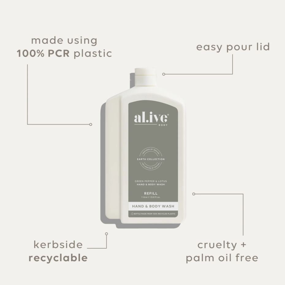 1 LT Hand &amp; Body Wash REFILL - Green Pepper &amp; Lotus | Al.ive Body | Body Lotion &amp; Wash | Thirty 16 Williamstown