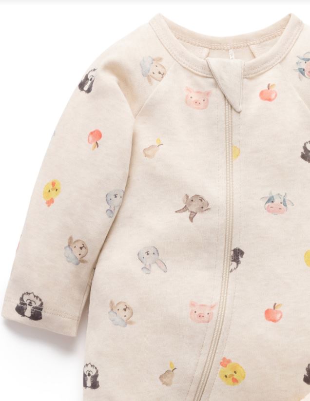 2 Piece Zip Growsuit - Farm Animal Print | Purebaby | Baby & Toddler Growsuits & Rompers | Thirty 16 Williamstown
