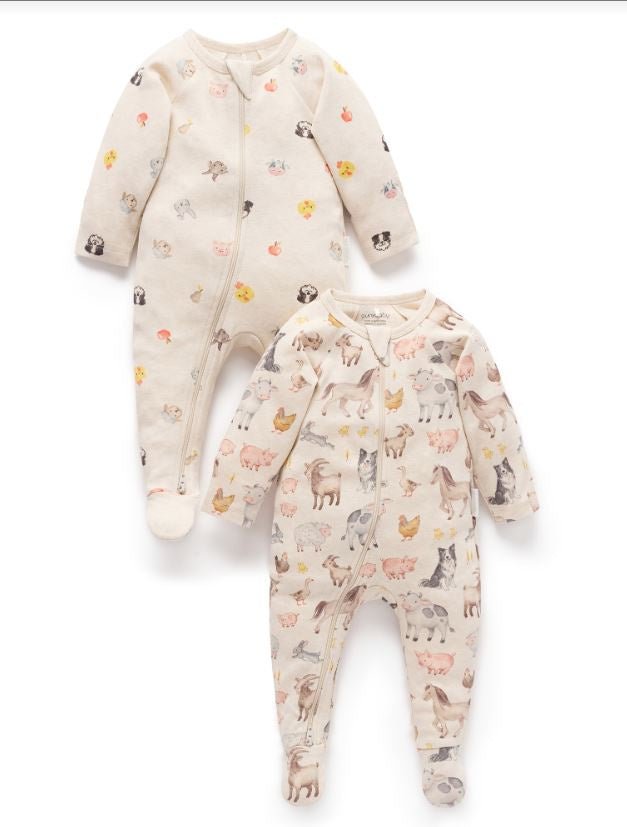 2 Piece Zip Growsuit - Farm Animal Print | Purebaby | Baby & Toddler Growsuits & Rompers | Thirty 16 Williamstown
