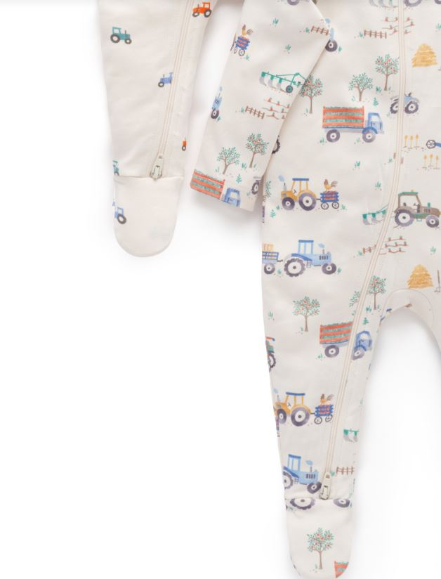 2 Piece Zip Growsuit - Farm Vehicle Print | Purebaby | Baby &amp; Toddler Growsuits &amp; Rompers | Thirty 16 Williamstown