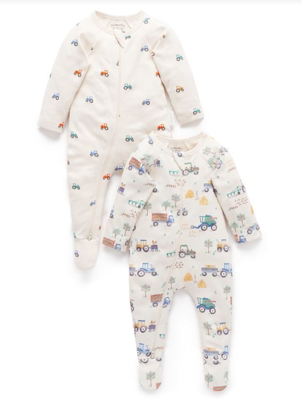2 Piece Zip Growsuit - Farm Vehicle Print | Purebaby | Baby & Toddler Growsuits & Rompers | Thirty 16 Williamstown