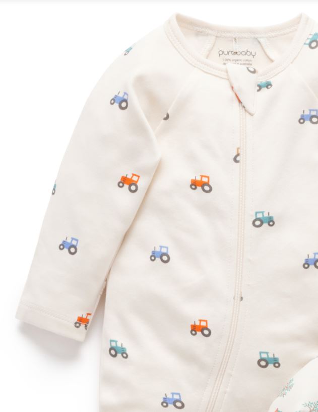 2 Piece Zip Growsuit - Farm Vehicle Print | Purebaby | Baby & Toddler Growsuits & Rompers | Thirty 16 Williamstown