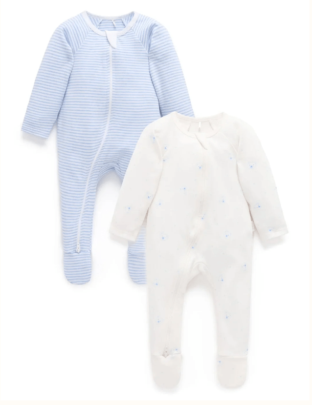 2 Piece Zip Growsuit - Pale Blue Stripe/ Bear | Purebaby | Baby & Toddler Growsuits & Rompers | Thirty 16 Williamstown