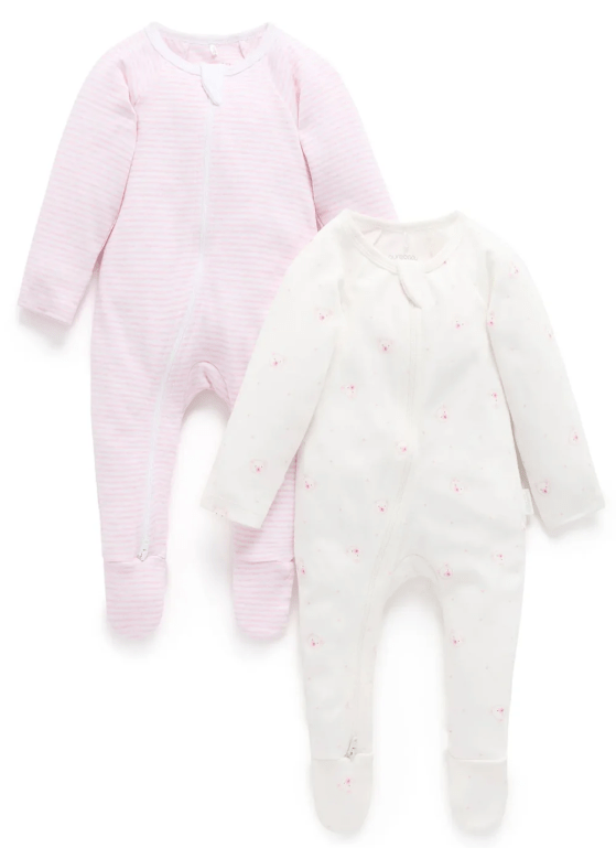 2 Piece Zip Growsuit - Pale Pink Stripe/ Bear | Purebaby | Baby & Toddler Growsuits & Rompers | Thirty 16 Williamstown
