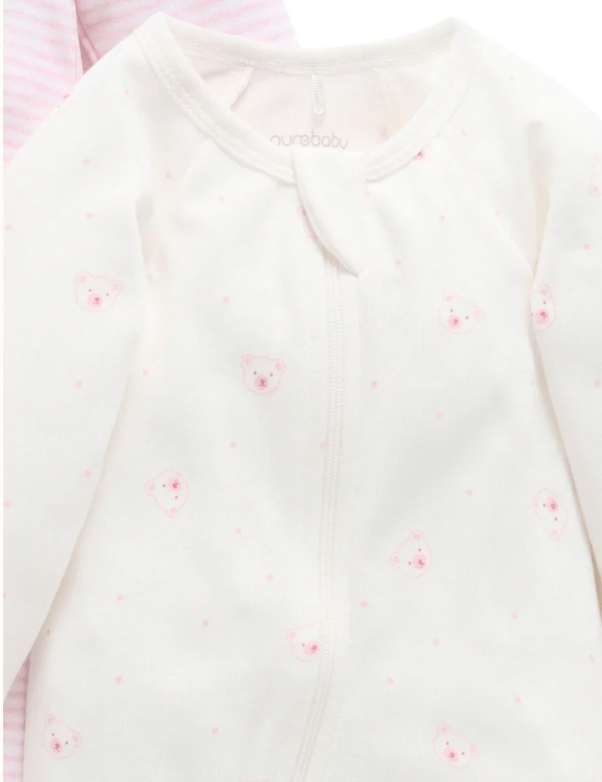 2 Piece Zip Growsuit - Pale Pink Stripe/ Bear | Purebaby | Baby & Toddler Growsuits & Rompers | Thirty 16 Williamstown
