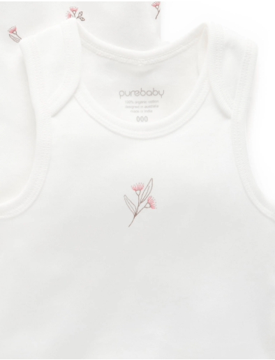 2 Pkt Singlet Bodysuit - Vanilla Blossom | Purebaby | Baby & Toddler Bodysuits & Singlets | Thirty 16 Williamstown
