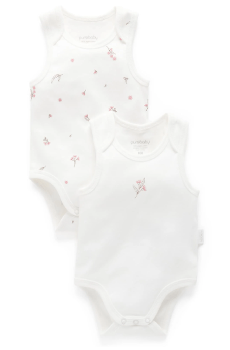 2 Pkt Singlet Bodysuit - Vanilla Blossom | Purebaby | Baby &amp; Toddler Bodysuits &amp; Singlets | Thirty 16 Williamstown