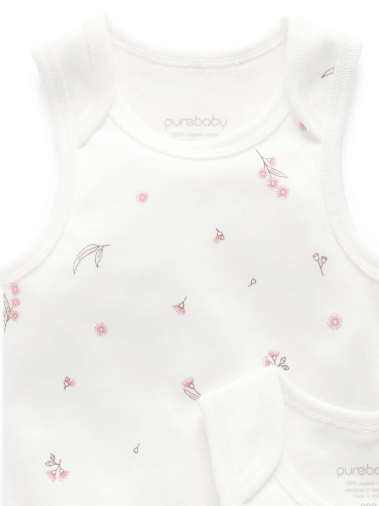 2 Pkt Singlet Bodysuit - Vanilla Blossom | Purebaby | Baby &amp; Toddler Bodysuits &amp; Singlets | Thirty 16 Williamstown