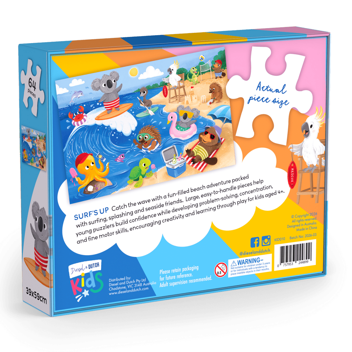64pc Jigsaw Puzzle: Surf's Up | Diesel & Dutch | Toddler Puzzles & Games | Thirty 16 Williamstown