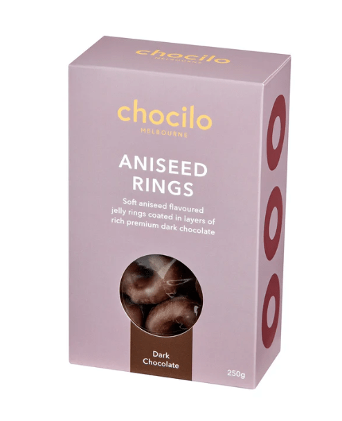 Aniseed Rings in Dark Chocolate Gift Box - 250g | Chocilo | Confectionery | Thirty 16 Williamstown