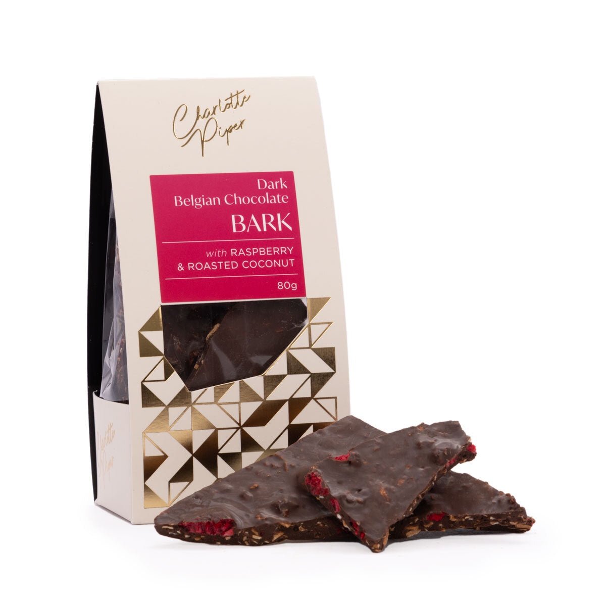 Chocolate Bark - Dark Chocolate Raspberry & Roasted Coconut 80g | Charlotte Piper | Confectionery | Thirty 16 Williamstown