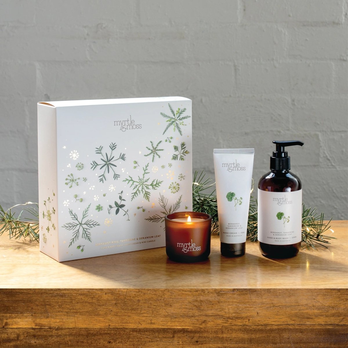 Christmas TRIO Wash, Cream & Candle - Bergamot Rind Tangerine & Geranium Leaf | Myrtle & Moss | Body Lotion & Wash | Thirty 16 Williamstown