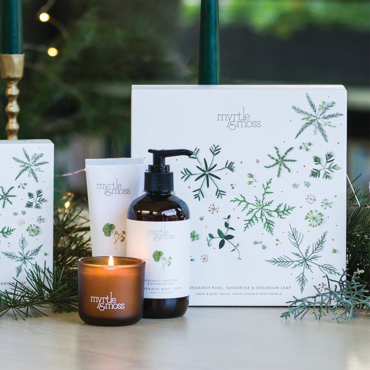 Christmas TRIO Wash, Cream & Candle - Bergamot Rind Tangerine & Geranium Leaf | Myrtle & Moss | Body Lotion & Wash | Thirty 16 Williamstown