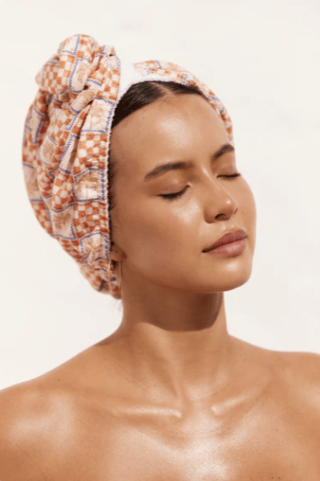Hair Towel Wrap Riva - Orange Palm Check | Louvelle | Hair Wraps | Thirty 16 Williamstown