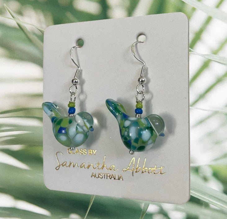 Handcrafted Glass Bird Earrings - Green, Blue &amp; White | Samantha Abbott | Jewellery | Thirty 16 Williamstown