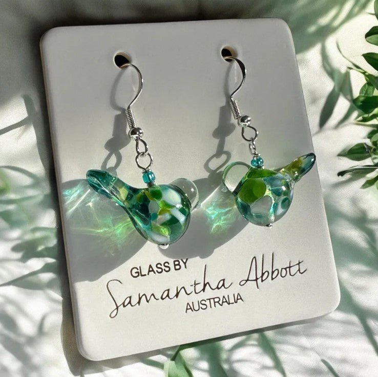 Handcrafted Glass Bird Earrings - Green Speckled | Samantha Abbott | Jewellery | Thirty 16 Williamstown