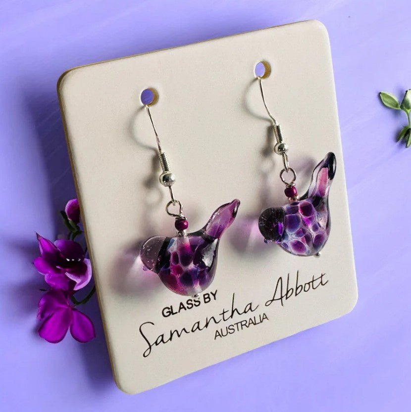 Handcrafted Glass Bird Earrings - Purple | Samantha Abbott | Jewellery | Thirty 16 Williamstown