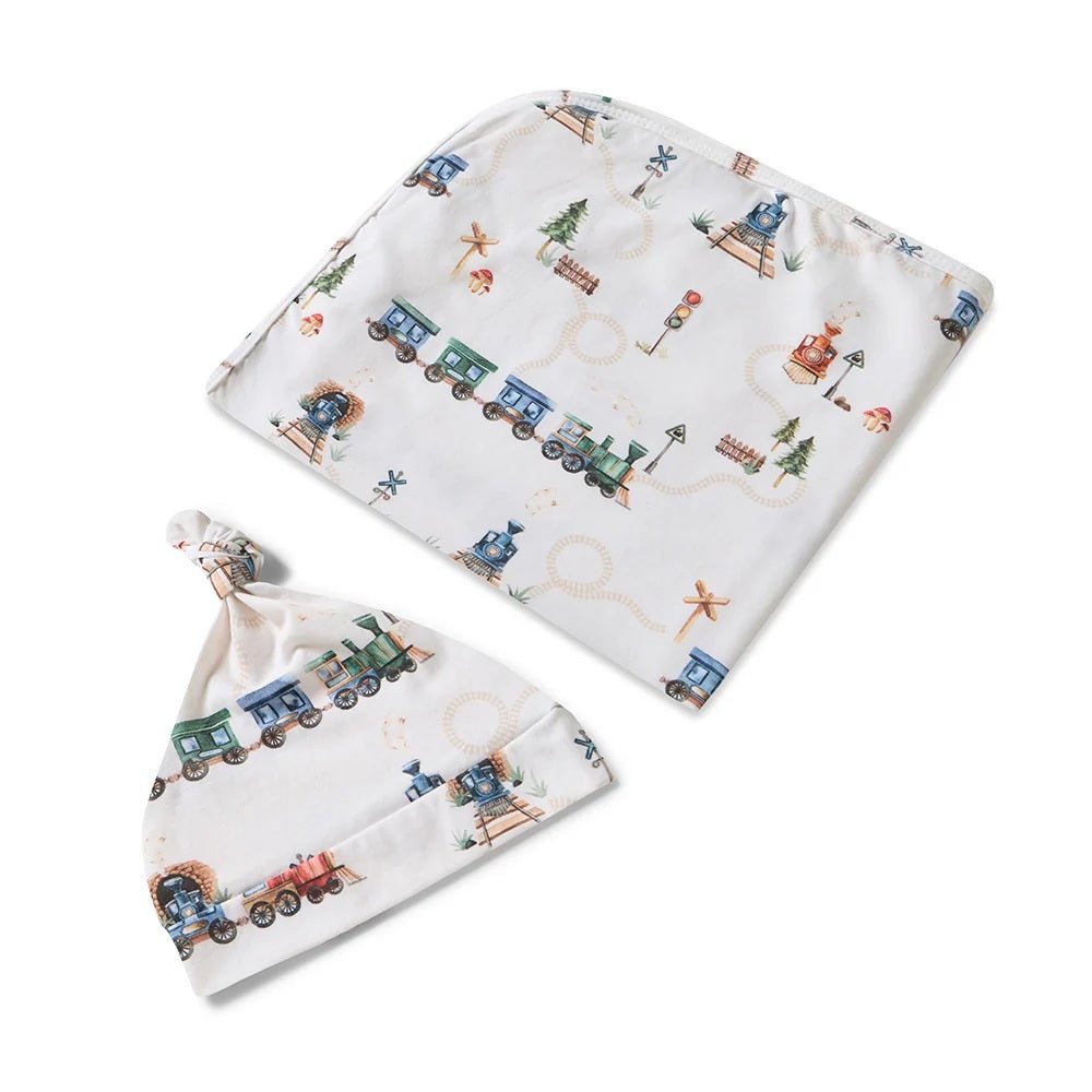 Jersey Wrap &amp; Beanie Set - Trains | Snuggle Hunny | Bedding, Blankets &amp; Swaddles | Thirty 16 Williamstown