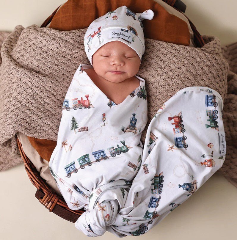 Jersey Wrap &amp; Beanie Set - Trains | Snuggle Hunny | Bedding, Blankets &amp; Swaddles | Thirty 16 Williamstown