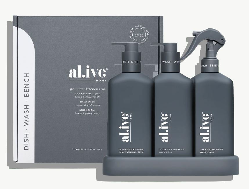 Kitchen Trio - Dish Wash, Hand Wash & Bench Spray (Midnight Blue) Lemon & Pomegranate +Coconut & Wild Orange | Al.ive Body | At The Sink | Thirty 16 Williamstown