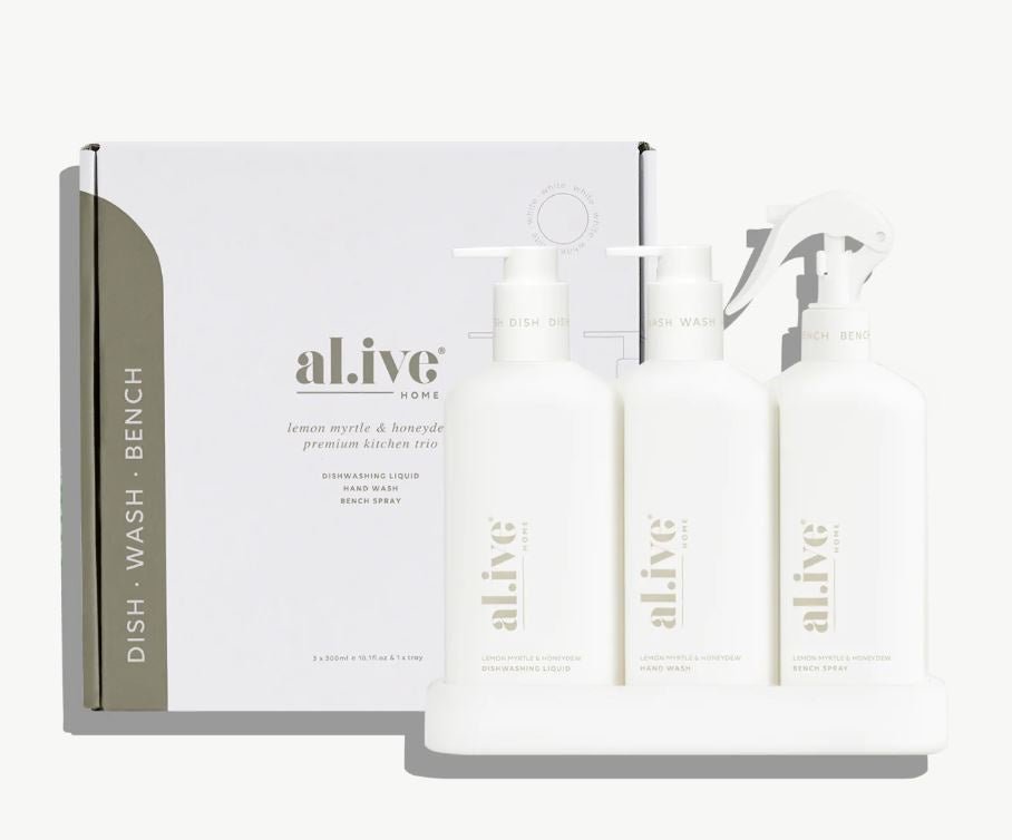 Kitchen Trio - Dish Wash, Hand Wash & Bench Spray (White) Lemon Myrtle & Honey Dew | Al.ive Body | At The Sink | Thirty 16 Williamstown