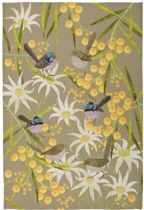 Luxury Microfibre Tea Towel - Wrens with Flowering Wattle | Print Sisters | Aprons, Mitts & Tea Towels | Thirty 16 Williamstown
