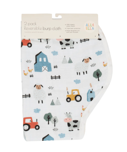 Organic Burp Cloth 2 pkt - Barnyard | All 4 Ella | Bibs & Bandana Bibs | Thirty 16 Williamstown