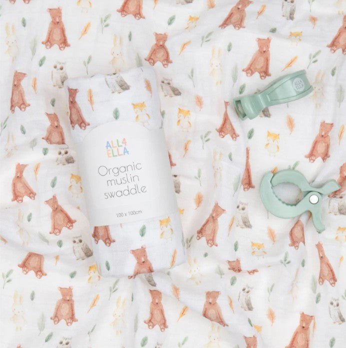 Organic Muslin & 2 Pram Peg Box Set - Forest Friends | All 4 Ella | Bedding, Blankets & Swaddles | Thirty 16 Williamstown