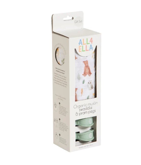 Organic Muslin & 2 Pram Peg Box Set - Forest Friends | All 4 Ella | Bedding, Blankets & Swaddles | Thirty 16 Williamstown