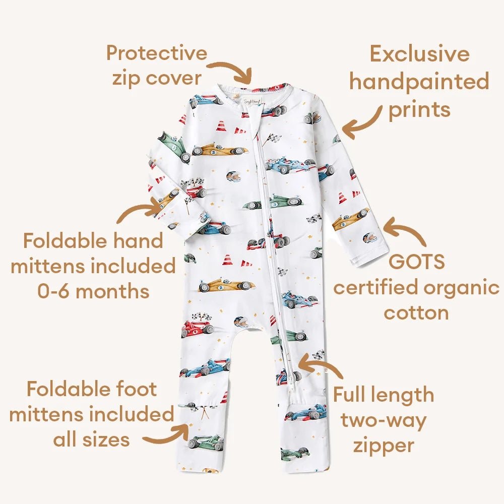 Organic Snugglesuit Convertible Romper - Little Racers | Snuggle Hunny | Baby &amp; Toddler Growsuits &amp; Rompers | Thirty 16 Williamstown