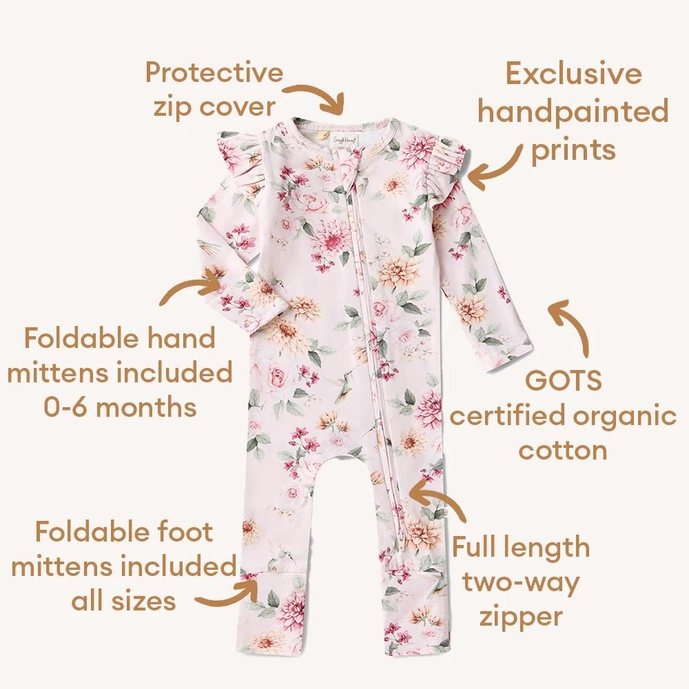 Organic Snugglesuit Convertible Romper with Frill - Birds &amp; Blooms | Snuggle Hunny | Baby &amp; Toddler Growsuits &amp; Rompers | Thirty 16 Williamstown