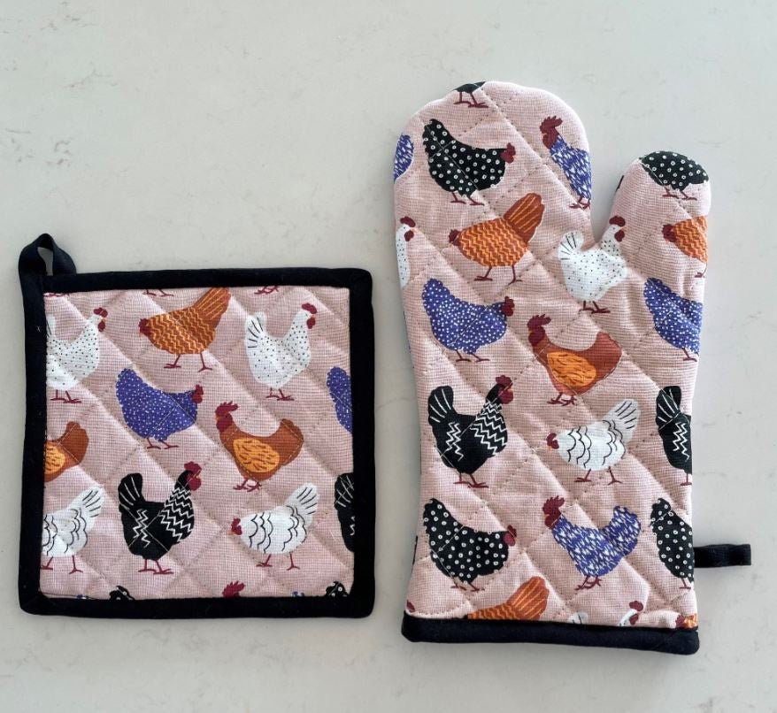 Oven Glove & Pot Holder Set - Bright hens | All Gifts Australia | Aprons, Mitts & Tea Towels | Thirty 16 Williamstown
