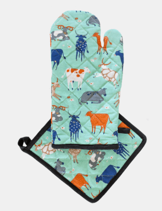 Oven Glove & Pot Holder Set - Green Cow | All Gifts Australia | Aprons, Mitts & Tea Towels | Thirty 16 Williamstown