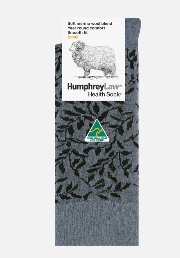 Patterned Fine Merino Wool Health Sock® - Leaves Grey/Black | Humphrey Law | Socks For Her | Thirty 16 Williamstown
