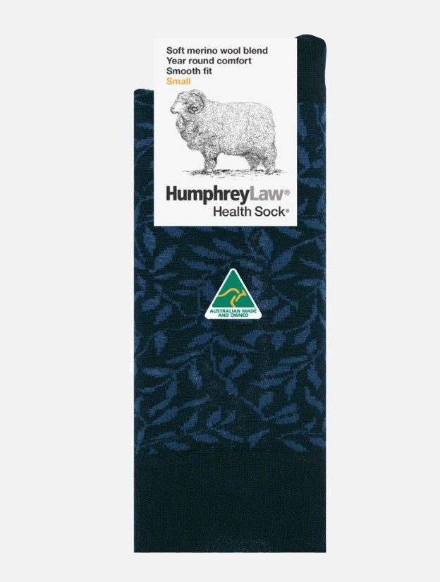 Patterned Fine Merino Wool Health Sock® - Leaves Navy/Denim | Humphrey Law | Socks For Her | Thirty 16 Williamstown