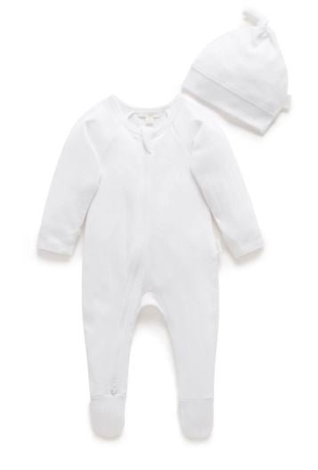 Pointelle Growsuit & Hat Pack - White | Purebaby | Baby & Toddler Growsuits & Rompers | Thirty 16 Williamstown