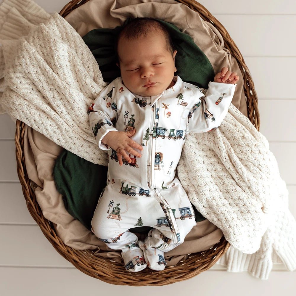 Sleepsuit Zip Footie - Trains | Snuggle Hunny | Baby & Toddler Growsuits & Rompers | Thirty 16 Williamstown