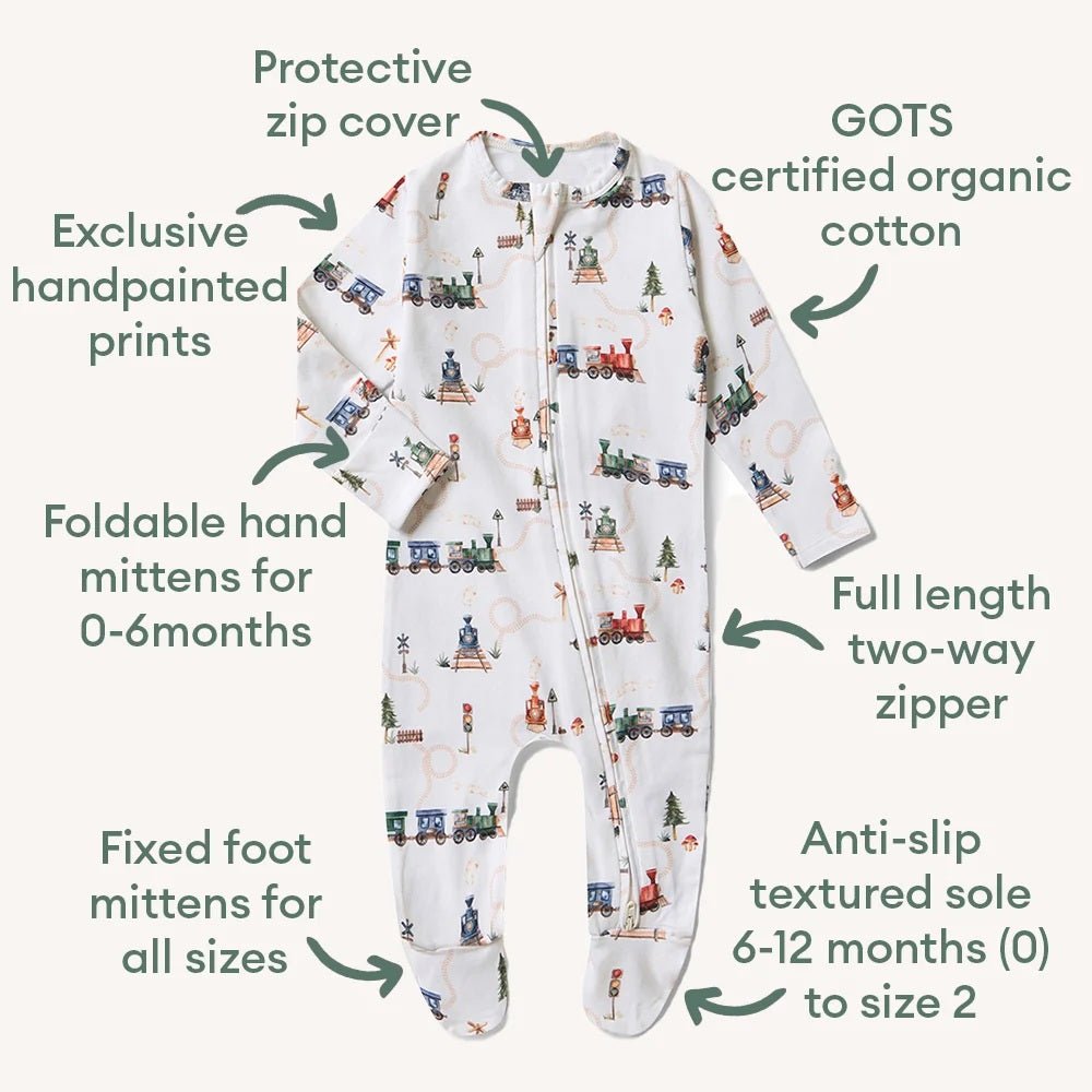 Sleepsuit Zip Footie - Trains | Snuggle Hunny | Baby &amp; Toddler Growsuits &amp; Rompers | Thirty 16 Williamstown
