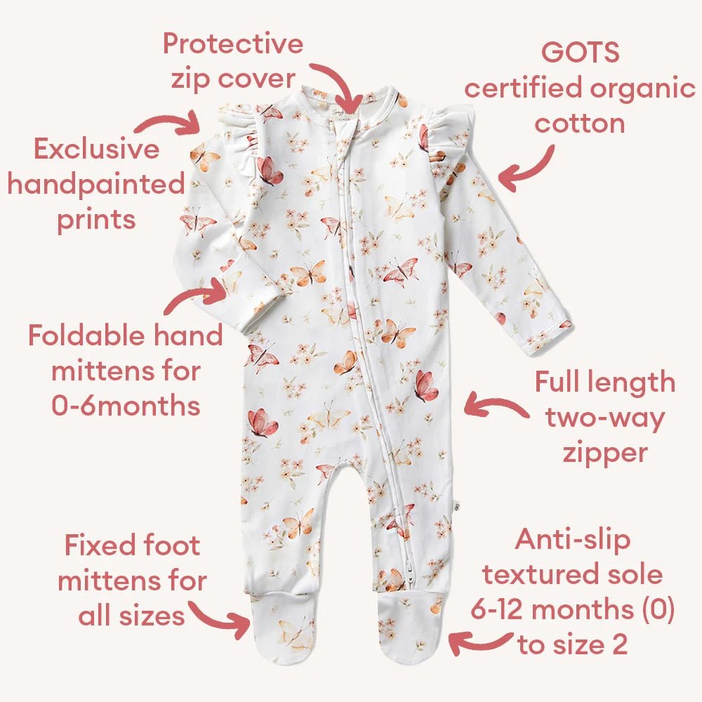 Sleepsuit Zip Footie with Frill - Butterfly | Snuggle Hunny | Baby &amp; Toddler Growsuits &amp; Rompers | Thirty 16 Williamstown