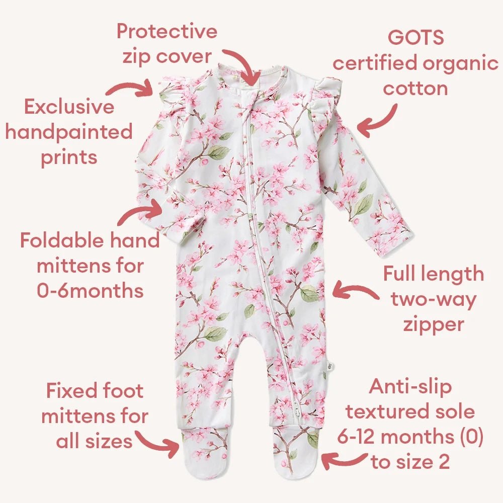Sleepsuit Zip Footie with Frill - Cherry Blossom | Snuggle Hunny | Baby &amp; Toddler Growsuits &amp; Rompers | Thirty 16 Williamstown