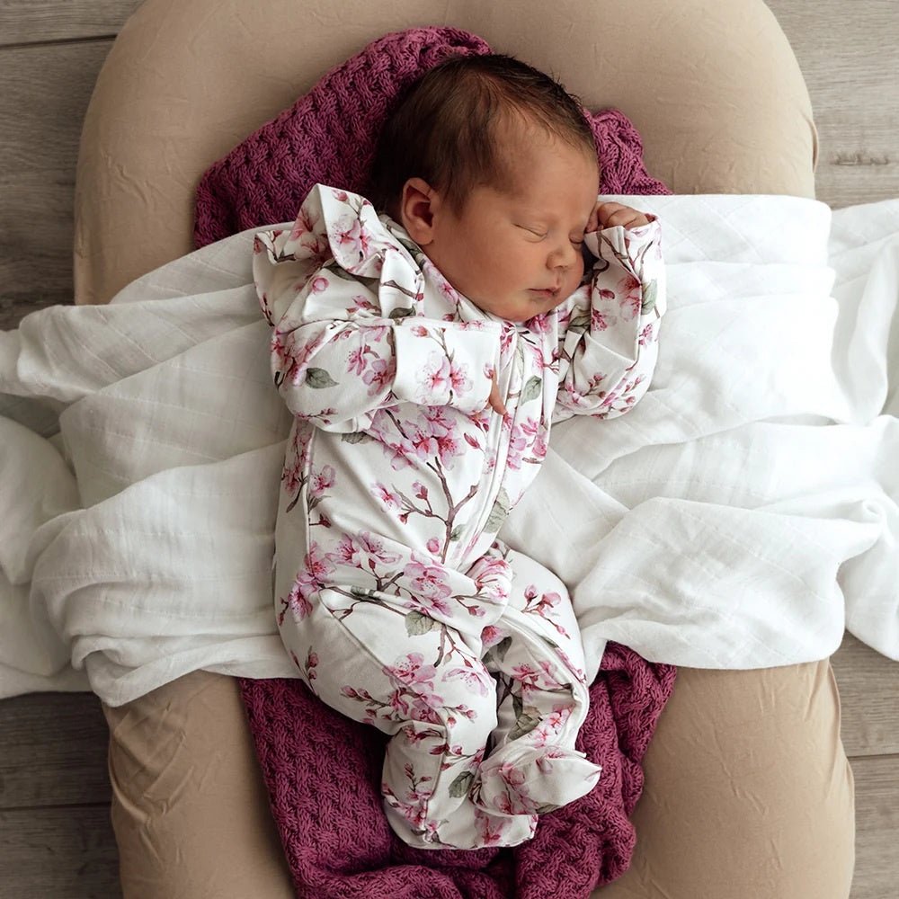 Sleepsuit Zip Footie with Frill - Cherry Blossom | Snuggle Hunny | Baby & Toddler Growsuits & Rompers | Thirty 16 Williamstown