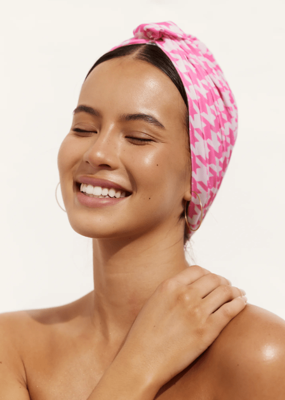 Turban Shower Cap Amelie - Pink Houndstooth | Louvelle | Shower Caps | Thirty 16 Williamstown