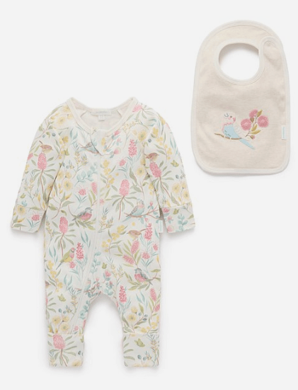 Zip Growsuit & Bib Set - Aviary Garden | Purebaby | Baby & Toddler Growsuits & Rompers | Thirty 16 Williamstown
