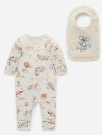 Zip Growsuit & Bib Set - Bush Babies | Purebaby | Baby & Toddler Growsuits & Rompers | Thirty 16 Williamstown