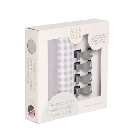 2 Pack Organic Muslin Wraps & 4 Pegs - Gingham Grey | All 4 Ella | Bedding, Blankets & Swaddles | Thirty 16 Williamstown