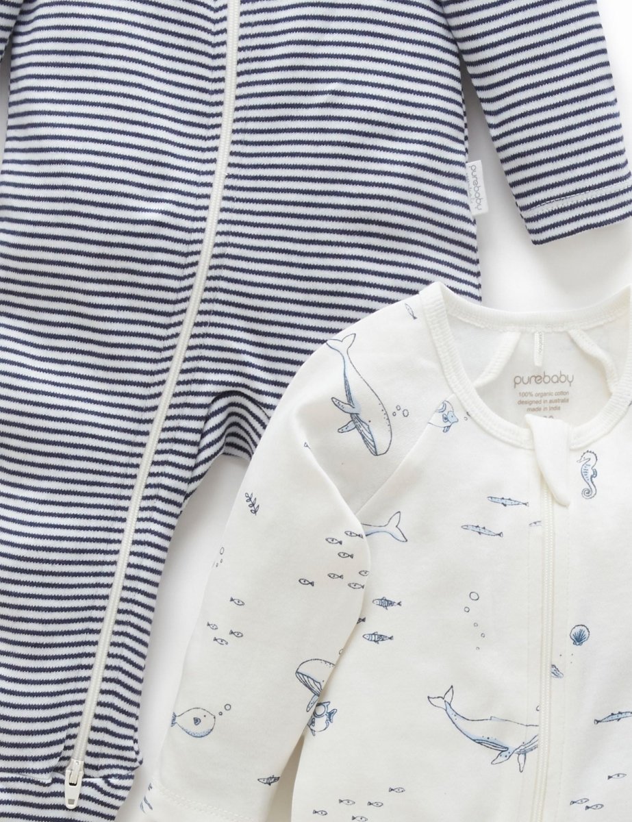 2 Piece Zip Growsuit - Vanilla Nautical | Purebaby | Baby &amp; Toddler Growsuits &amp; Rompers | Thirty 16 Williamstown